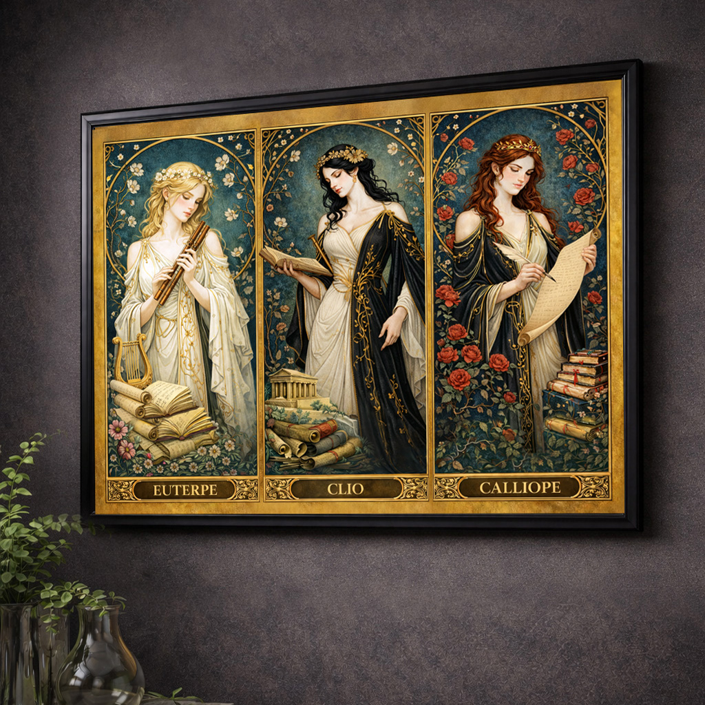 Tres Musas: Clío, Calíope y Euterpe | Arte mural enmarcado de mitología griega
